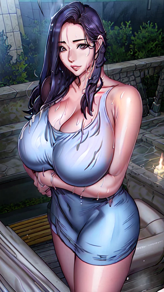 1girl, (mature female, older, huge breasts:1.4), milf, motherly, wide hips, curvy, naked towel, collarbone, lips, HDR, big ass, realistic, hyper detail,very precise detailed,ultra high resolution,extremely detailed CG unity 8k wallpaper,(Realistic,Photorealsitic,hyper realisitic:1.5), girls only, dynamic lighting, ((bold imaginative poses)), (Glossy skin:1.5), masterpiece, highest quality, disorganized, Audience,(Wearing a bath towel:1.4), (purple hair 1.4),((beautiful, fine eyes:1.3)),(wet clothes:1.4), thin, High resolution, sharp focus, Depth of the bounds written, eye for detail, clear eyes, ((Aesthetic Anime Eyes:1.4)), outdoors, sunrise sky,Open-air bath at a long-established hot spring inn,(Wearing a bath towel:1.4)