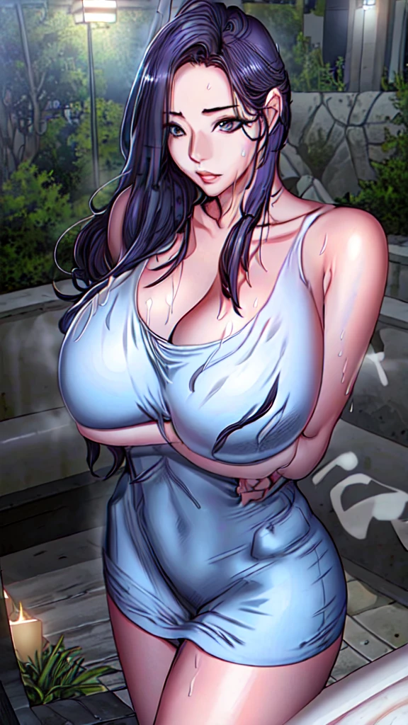 1girl, (mature female, older, :1.4), milf, motherly, wide , curvy,  towel, collarbone, lips, HDR, big , realistic, hyper detail,very precise detailed,ultra high resolution,extremely detailed CG unity 8k wallpaper,(Realistic,Photorealsitic,hyper realisitic:1.5), girls only, dynamic lighting, ((bold imaginative poses)), (Glossy skin:1.5), masterpiece, highest quality, disorganized, Audience,(Wearing a bath towel:1.4), (purple hair 1.4),((beautiful, fine eyes:1.3)),(wet clothes:1.4), thin, High resolution, sharp focus, Depth of the bounds written, eye for detail, clear eyes, ((Aesthetic Anime Eyes:1.4)), outdoors, sunrise sky,Open-air bath at a long-established hot spring inn,(Wearing a bath towel:1.4)