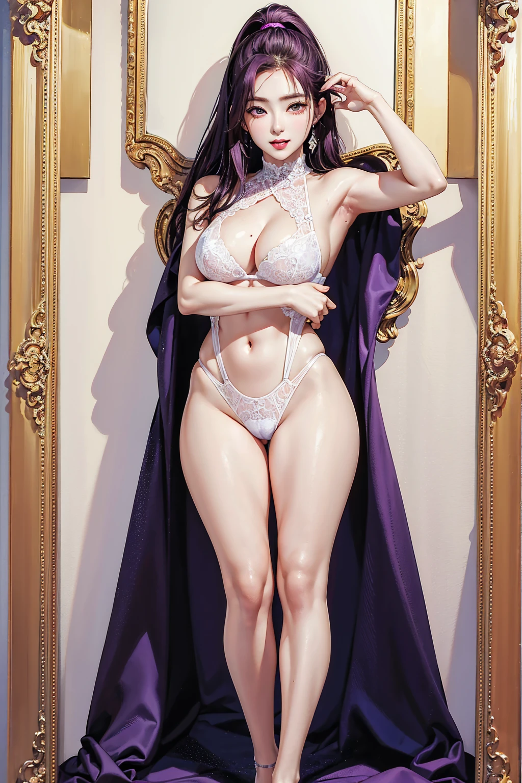 (Finest quality)),(A high resolution),(ultra-detailed art),(Meticulous portrayal),((Best Anime)),(Finest works of
art),sharpness,Clear,Ultra-Precision Art,The art of astounding depiction,(masterpiece), high quality, stable diffusion,
short Hair, short ponytail, purple hair, vibrant purple hair, extremely detailed hair, detailed bangs, with bangs,
black hair, blonde hair, red hair,
pretty face, beautiful lips, soft lips,pretty face, close up face, gorgeous beauty,
green eyes,
serious face, pretty nose, beautiful nose, perfect nose, pretty eyes, beautiful eyes, sparkling eyes, detailed eyes,
perfect eyes, looking at the camera,
happy, jolly, smiling, seductive, blushing, bukake, happy face, jolly face, excited face,
clear skin,white skin, soft skin, small bust, small breasts, smooth skin, mole in breast,
beautiful girl irene, red velvet irene,
slight cleavage, expose shoulders, perfect body, detailed thighs, detailed legs, perfect hands, perfect arms, detailed
hands, detailed breasts, detailed nose, detailed lips, detailed arms, sexy body,
show tongue, sexy thighs, sexy tongue, drooling,
show whole body, fully body woman,
pretty woman,sweaty face, sweaty thighs, sweaty breasts, sexy, seductive, horny, pointy nipples, show cleavage,
purple micro bikini, purple micro bra, purple micro panty, transparent bra, transparent panty, cameltoe, dripping nipples,
slimy hair, slimy wet body, slimy body, slimy breasts, wet breasts, wet panties, wet thighs, water dripping from breasts
and panties,
body details,
standing full body, full body image from head to toe, sexy model pose, raised arms, hands up,
show legs, show thighs, cute standing female, horny female dancer idol,
group of sexy female models in beach, sands and water, wet body, naked feet, show feet, cute standing pose, thighs apart,
legs apart, feet apart, spread legs, bare foot, no sandals,