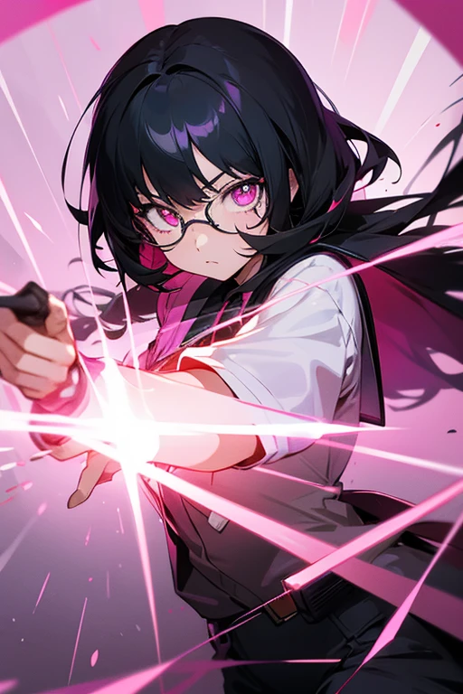 A cover for an anime about a school of super powers, and the main character is a girl with glasses, fluorescent pink pupils, black hair., fringe and a .