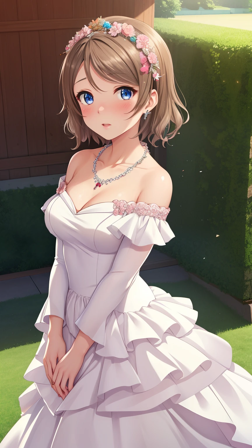 (Masterpiece), 8k wallpaper, solo, Watanabe you, game cg, beautiful detailed face and eyes, perfect anatomy, standing, outside, blush, glossy lips, wedding dress, off the shoulder, necklace, jewelry