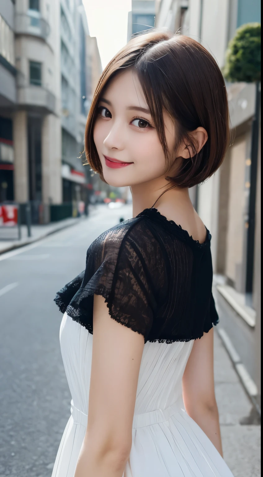 table top, highest quality, figure, super detailed, finely, High resolution, 8k wallpaper, Perfect dynamic composition, detailed and beautiful eyes, dress,short hair, middle of chest, Natural color lip, random sexy poses,smile,Aoyama Street Walk、20 year old girl、short hair、profile