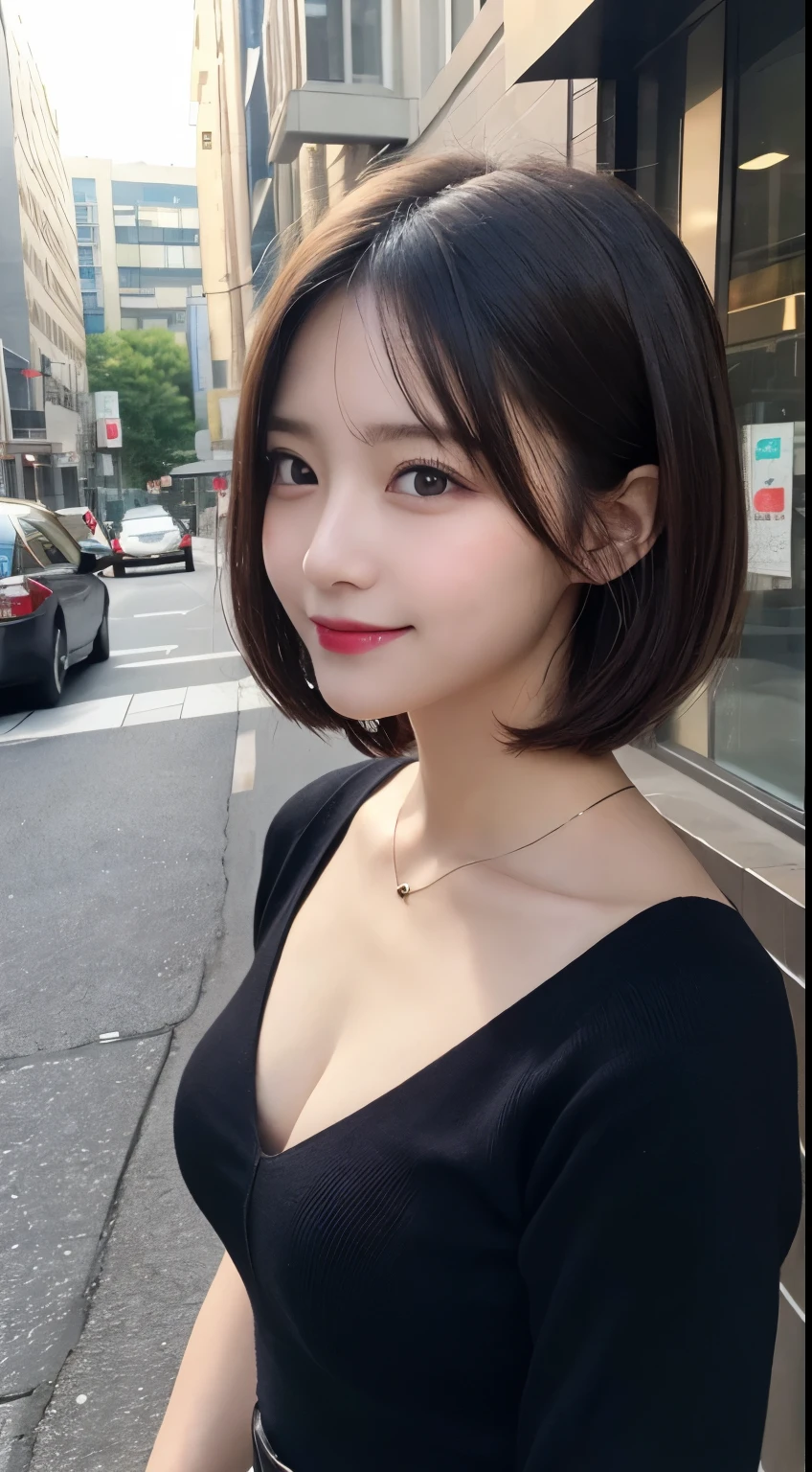 table top, highest quality, figure, super detailed, finely, High resolution, 8k wallpaper, Perfect dynamic composition, detailed and beautiful eyes, dress,short hair, middle of chest, Natural color lip, random sexy poses,smile,Aoyama Street Walk、20 year old girl、short hair、profile