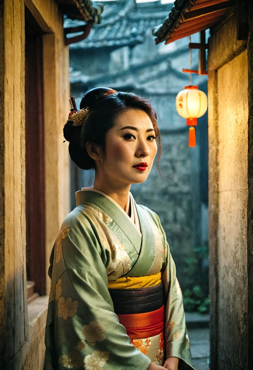 half body, front view, Cinematic portrait movie scene, Julibrary 3: A Geisha (set in Hanoi) in the streets of Hanoi, grungy walls, poors houses, japanese lanterns, crepuscular light, Fujifilm Provia 100F, Fujifilm X100V, Light leaks, 36K, Analog Style