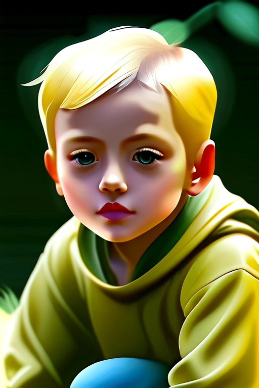 Portrait of a cute boy, 5-, with gray short bob-cut hair, big dark green eyes, and chubby bow lips. He is wearing a light yellow jumpsuit. The image is in a watercolor style, 4K, with high detail and ultra-realistic quality. Full body, full figure, with vivid colors, soft lighting, and a vibrant color palette. Sharp focus, subsurface scattering, f2, 35mm, film grain. The scene depicts a gentle, beautiful morning moment with high realism and sharpness, similar to photos taken with a Sony Alpha camera using a 100mm macro lens, resolution comparable to 8K UHD.