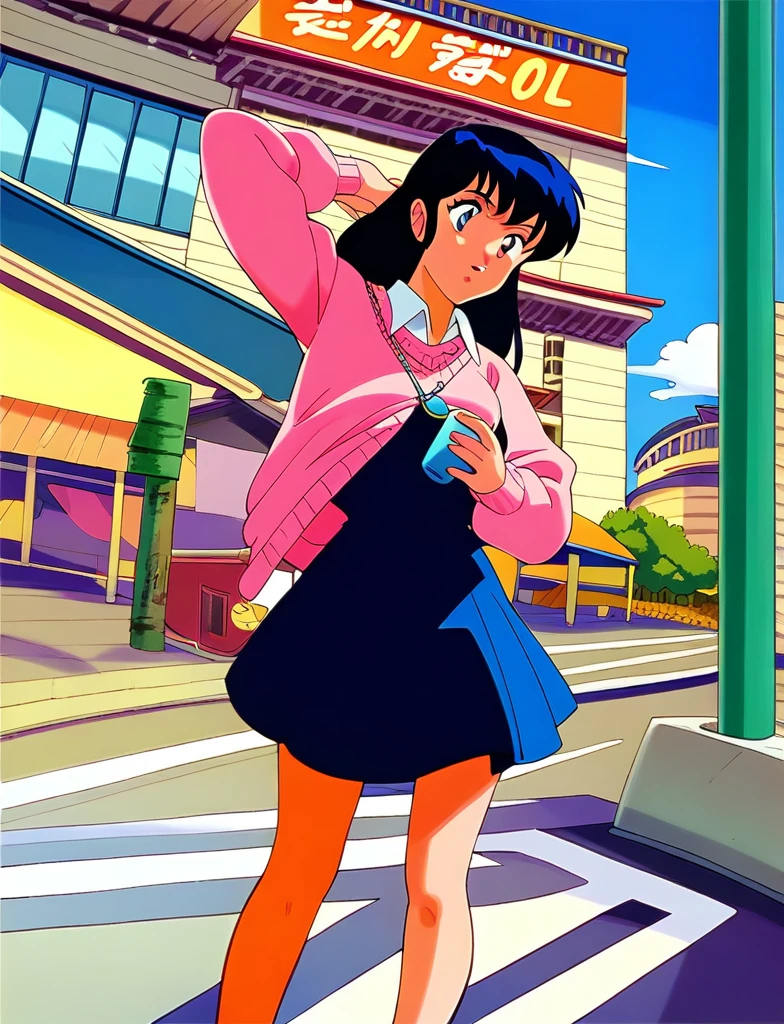 Kyoko,score_9,score_8_superior,score_7_superior,sauce_anime,One girl,View your viewers,city,Streetscape of the 1980s,asphalt paved,paved,lamp post,force_line,Orange sky,evening,Pink Sweater,White collared shirt,length_skirt,blue skirt,cowboy_shot,Front view,kneel、Blowjob、