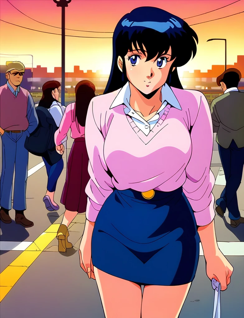 Kyoko,score_9,score_8_superior,score_7_superior,sauce_anime,One girl,View your viewers,city,Streetscape of the 1980s,asphalt paved,paved,lamp post,force_line,Orange sky,evening,Pink Sweater,White collared shirt,length_skirt,blue skirt,cowboy_shot,Front view,kneel、Blowjob、