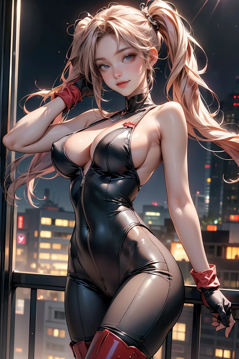 (masterpiece,top quality,high quality)), ((8K wallpaper unified with high definition CG)), (huge stunning goddess shot, so hot and sexy, jaw dropping beauty, perfect proportions, beautiful body, slim body beauty:1.3), ((Twin Tails)), A female hero who flies between buildings at night with her twin-tailed hair fluttering, ((wearing crimson bodysuit, bare shoulders, bare back, gloves, boots, face hidden, smiling:1.3)), 