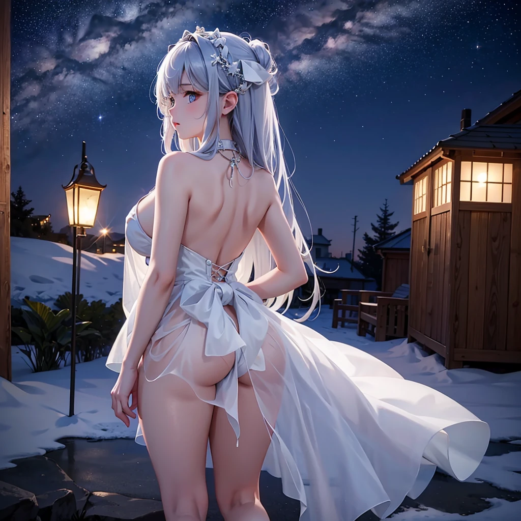 A detailed portrait of a girl outdoors at night, looking at the starry sky with the milky way, rear image, surrounded by a night cityscape with buildings silhouetted against the night sky, long white hair. wearing a slightly revealing dress, sexy legs, curvy body, (best quality, 4k, 8k, high resolution, masterpiece: 1.2), extremely detailed body, stars, landscapes, starry night, night, 1 girl. from behind.