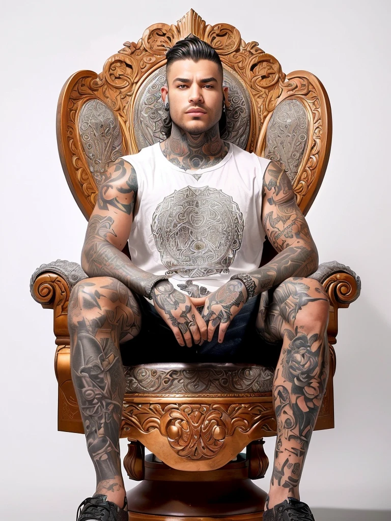 arafed man with tattoos sitting in a chair with a tattoo on his arm, tattooed man, sitting in his chair. intricate, tattooed, fully tattooed body, sitting on the porcelain throne, sitting on throne, with tattoos, sitting on intricate throne, sit on throne, sitting on the throne, sitting on a throne, tony sandoval. realistic, tony sandoval