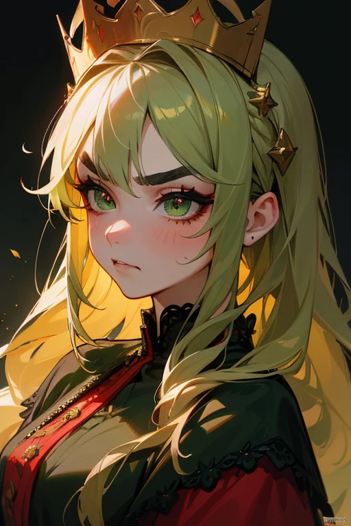 (Highest quality, masterpiece:1.2), High resolution, Very detailed, Realistic:1.37, Fantasy, An illustration, Green Eyes、Queen, Red lace dress.Platinum decoration、beautifully、Eyeshadow Red、Thick eyebrows、Long eyelashes、pupils are black、Her hair is dark green、Gold crown、Kissing Face、Embarrassing、Beloved by the crowd、Hair is green、Braiding、hair ornaments、((Get angry))
