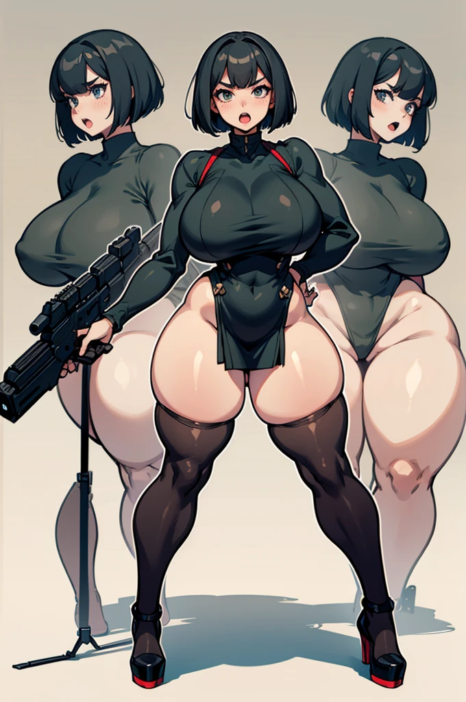 Angry scream, Open mouth, young girl, Pullover, whole body to see bob cut hair, (( very wide hips)), (((colossal Thighs, gigantic thighs, very huge thighs, very big thighs))), fullbody, platform heels, black skin, very Big breast, gun, soldier girl , full body, military , mini dress, cyberpunk, battle, tight stockings, body back view, butt,