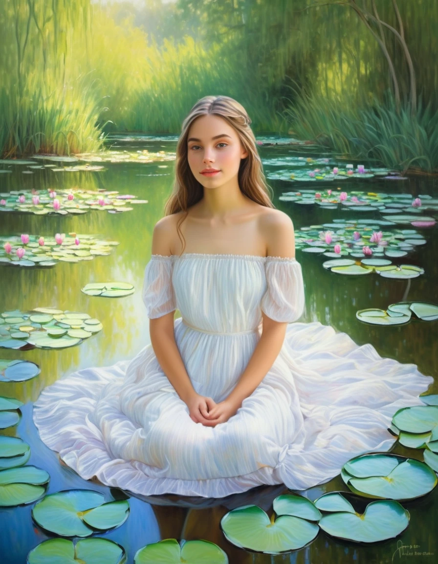 a lovely woman (Kate Mara, sheer airy gown) in a pond with lily pads in the water, in a pond, standing in a pond, floating in a powerful zen state, nymph in the water, sitting in a reflective pool, floathing underwater in a lake, sitting at a pond, in water up to her shoulders, the hair floats on the water, in a lake, in the water