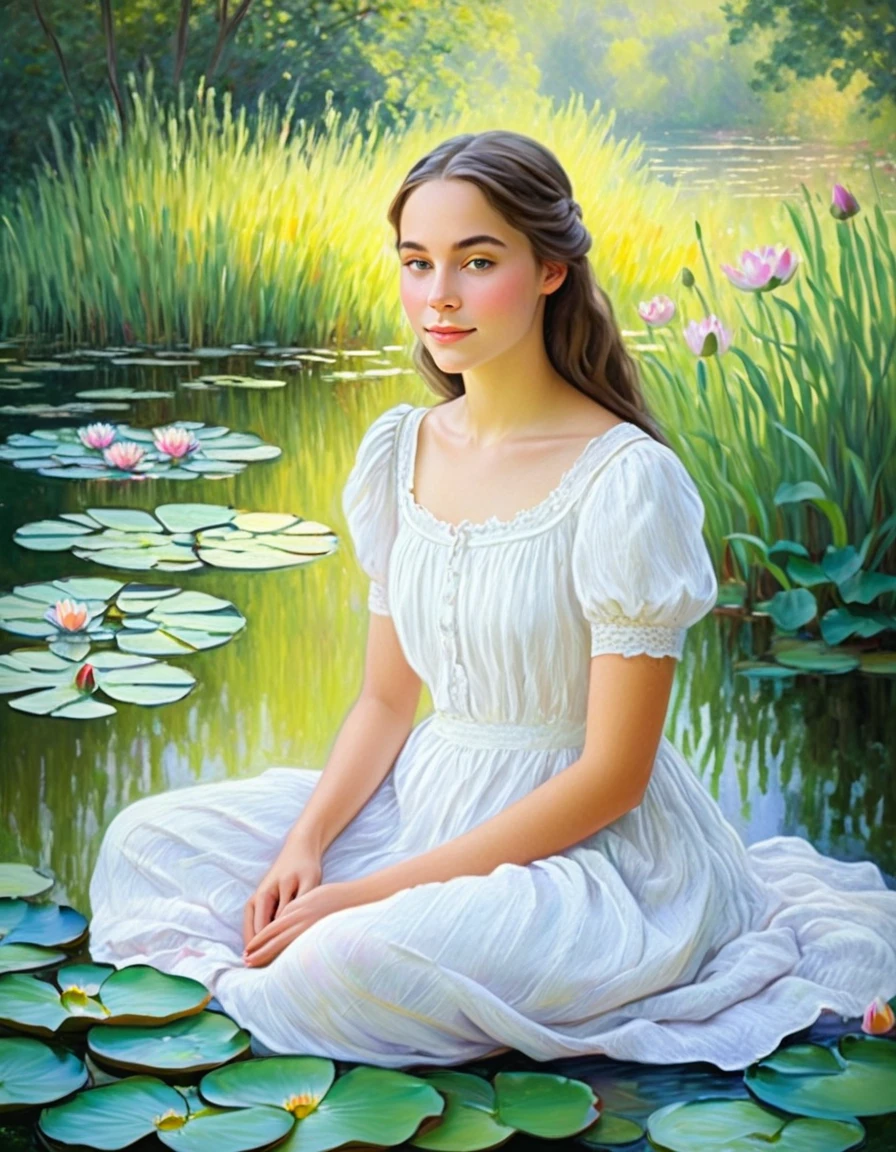 A beautiful girl sits by a pond with blooming water lilies, Surrounded by green trees,Flowers in bloom. Her delicate face and eyes reflect a peaceful atmosphere. The sun gently illuminates the entire scene, Create a soft and dreamy atmosphere. high quality, Photorealistic artwork captures every intricate detail, From delicate brushstrokes to vibrant colors. The painting was created in the style of Claude Monet, Evoking his signature impressionist technique,Capturing the essence and enchanting beauty of nature. The color palette consists of soft pastel shades, Create a peaceful atmosphere. Artwork bathed in natural light, Emphasize the tranquility of the scene. The whole image is a masterpiece,Demonstrates the artist's skill in capturing the delicate balance between light and shadow, Create fascinating and captivating visual experiences.