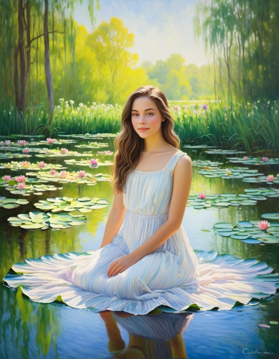 A beautiful girl sits by a pond with blooming water lilies, Surrounded by green trees，Flowers in bloom. Her delicate face and eyes reflect a peaceful atmosphere. The sun gently illuminates the entire scene, Create a soft and dreamy atmosphere. high quality, Photorealistic artwork captures every intricate detail, From delicate brushstrokes to vibrant colors. The painting was created in the style of Claude Monet, Evoking his signature impressionist technique，Capturing the essence and enchanting beauty of nature. The color palette consists of soft pastel shades, Create a peaceful atmosphere. Artwork bathed in natural light, Emphasize the tranquility of the scene. The whole image is a masterpiece，Demonstrates the artist&#39;s skill in capturing the delicate balance between light and shadow, Create fascinating and captivating visual experiences.