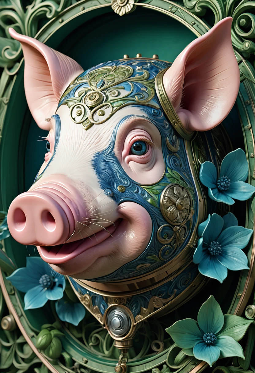 Mechanical pig head,lifelike,Anthropomorphic pigs,Character setting,Ultra-detailed graphics,Delicate face,8K,magazine cover,Floral background decoration,Strong color contrast,Darker color,Blue, green and white
