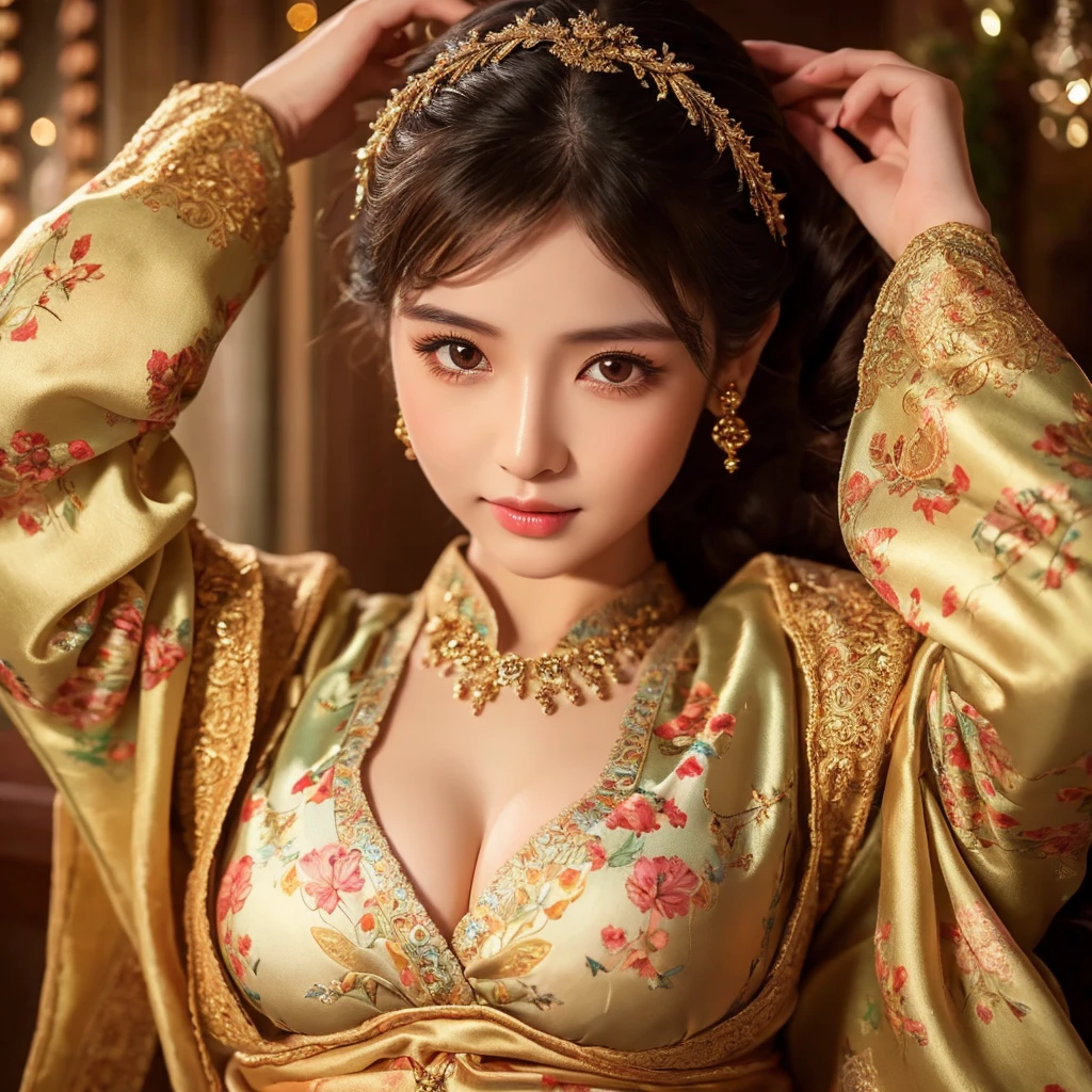 1girl,beautiful detailed eyes,beautiful detailed lips,extremely detailed face,long eyelashes,asian,cute,fantasy,silk clothes,plump breasts,intricate details,floral ornaments,soft lighting,warm colors,elegant,dreamy,photorealistic,8k,high quality,masterpiece