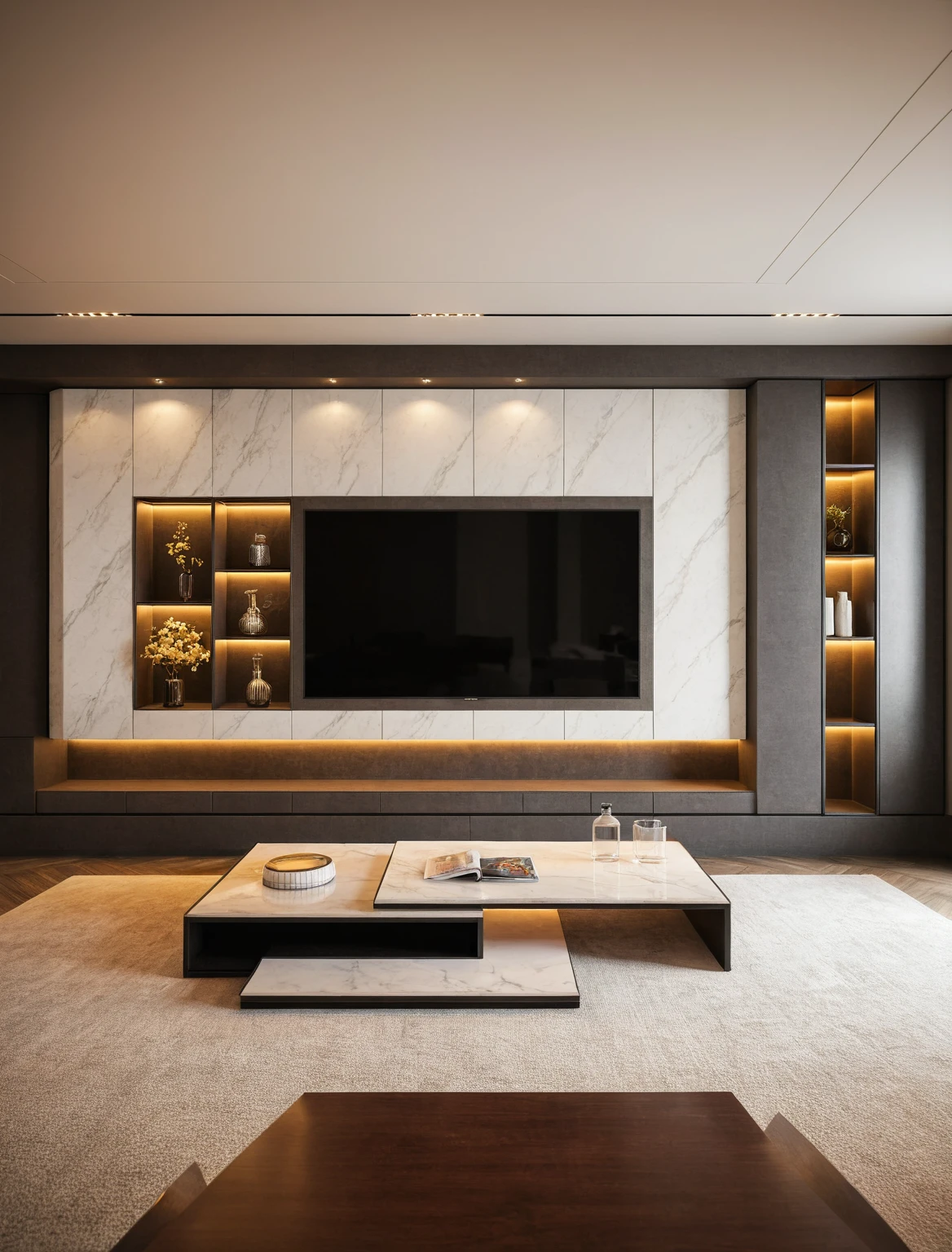 Raw photo,Masterpiece, high quality, best quality, authentic, super detail, interior , sunset, daylight, Modern luxury style living room, TV cabinet, TV, decorative cabinet, books, flower vases, bottles, tea table, tray, wine bottle, open book, carpet, wooden floor, curve, marble cliffs,