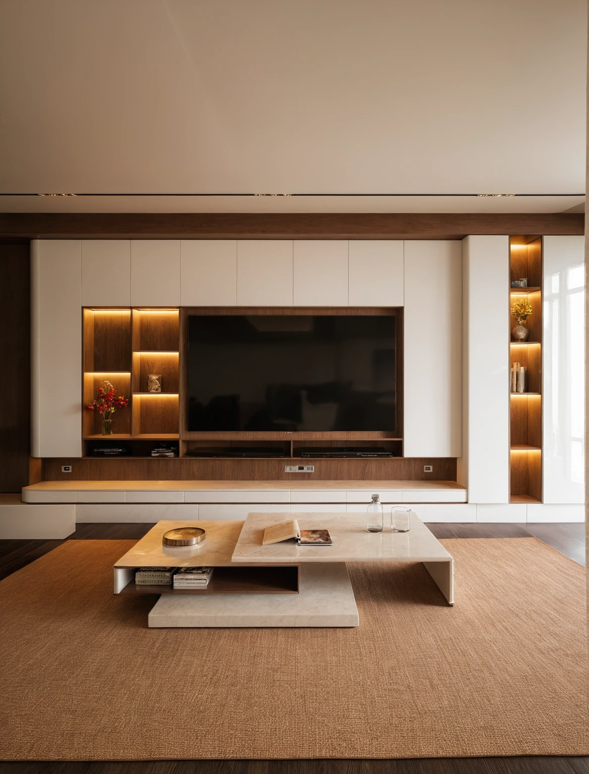 Raw photo,Masterpiece, high quality, best quality, authentic, super detail, interior , sunset, daylight, Modern luxury style living room, TV cabinet, TV, decorative cabinet, books, flower vases, bottles, tea table, tray, wine bottle, open book, carpet, wooden floor, curve, marble cliffs,