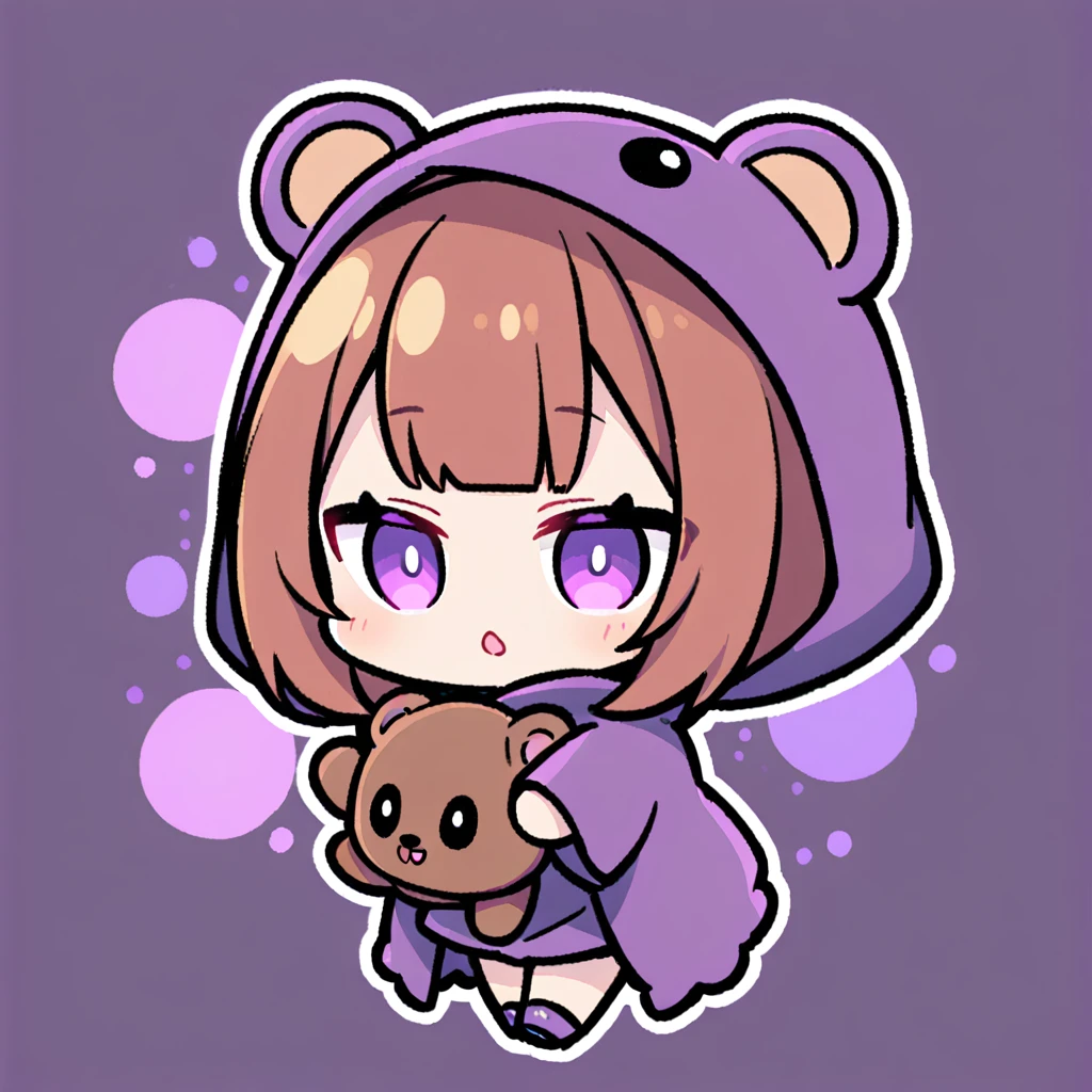 bangs bangs、Bangs、Crisp bangs、long brown hair、Wearing a dark brown bear hood、茶髪ロングのChibi Character、Wearing a dark brown bear ear hooded blanket、Purple Eyes、Purple betta background、Chibi Character、Holding a teddy bear、Bear face hood