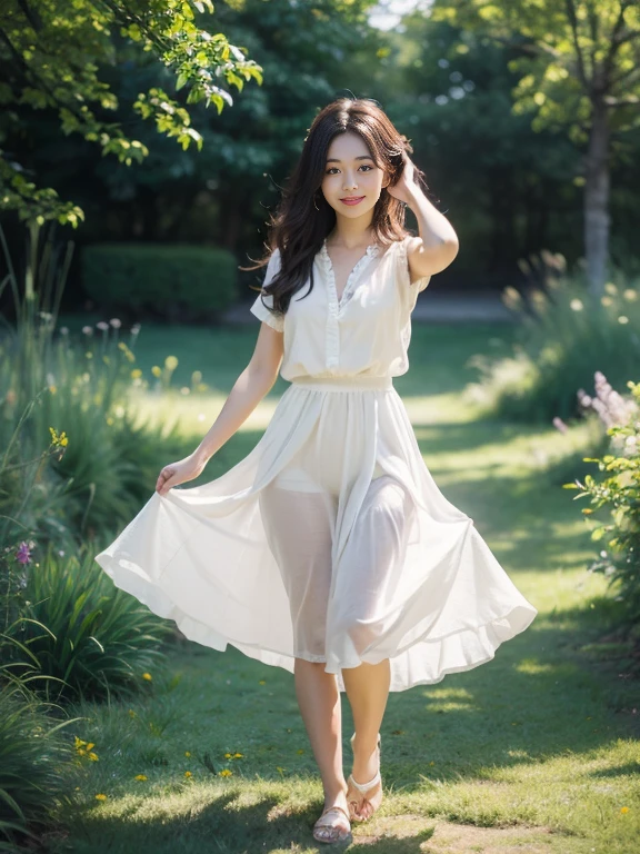 ,masterpiece, best quality,8K, Ultra-high resolution,Real light and shadow,Lenses,(beautiful eyes:1.1), ((The scene is,Upper part of the body)),Dynamic poses,On green meadows,The gentle goddess takes gentle steps。She wore a white dress,A gentle breeze blows,The skirt dances lightly。The sun shines through the leaves on her hair,Reflecting her clear eyes and gentle smile。Colorful butterflies fluttered around her,Flowers bloom at her feet,It's as if nature is cheering her on.。