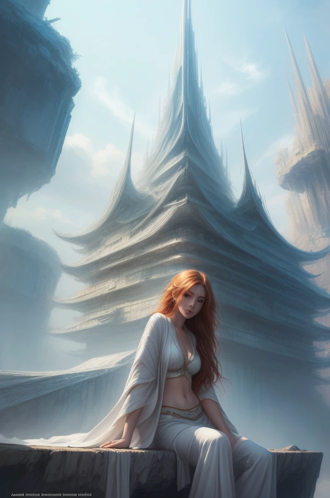 (high quality, ArtStation, Relax Art, fantasy style, abstract architecture:1.2), (A beautiful cute girl), (long messy ginger hair), (white kimono, navel)