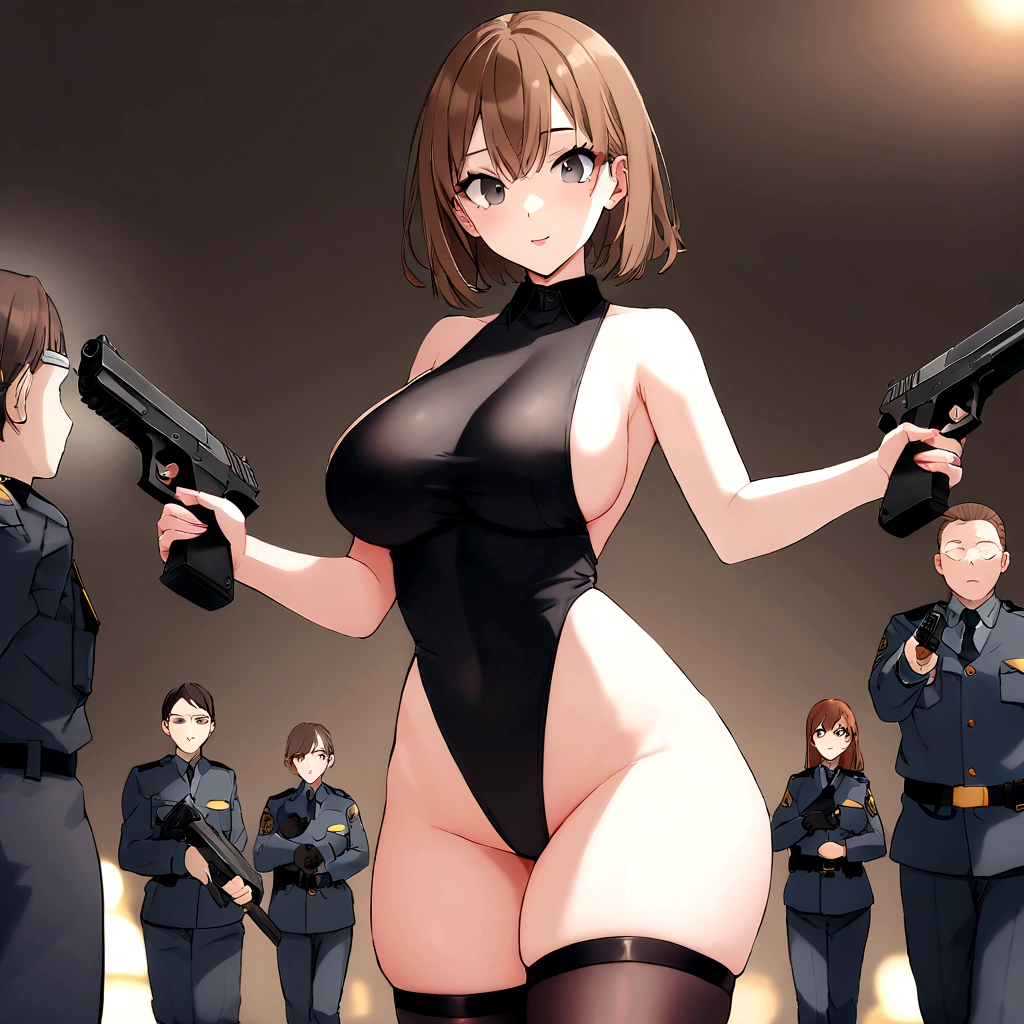 girl,human,25age, police officer,left hand holding Guns m9,m9,public,1m77,J breasts,brown hair, black eyes, 4k wallpaper, wide thighs