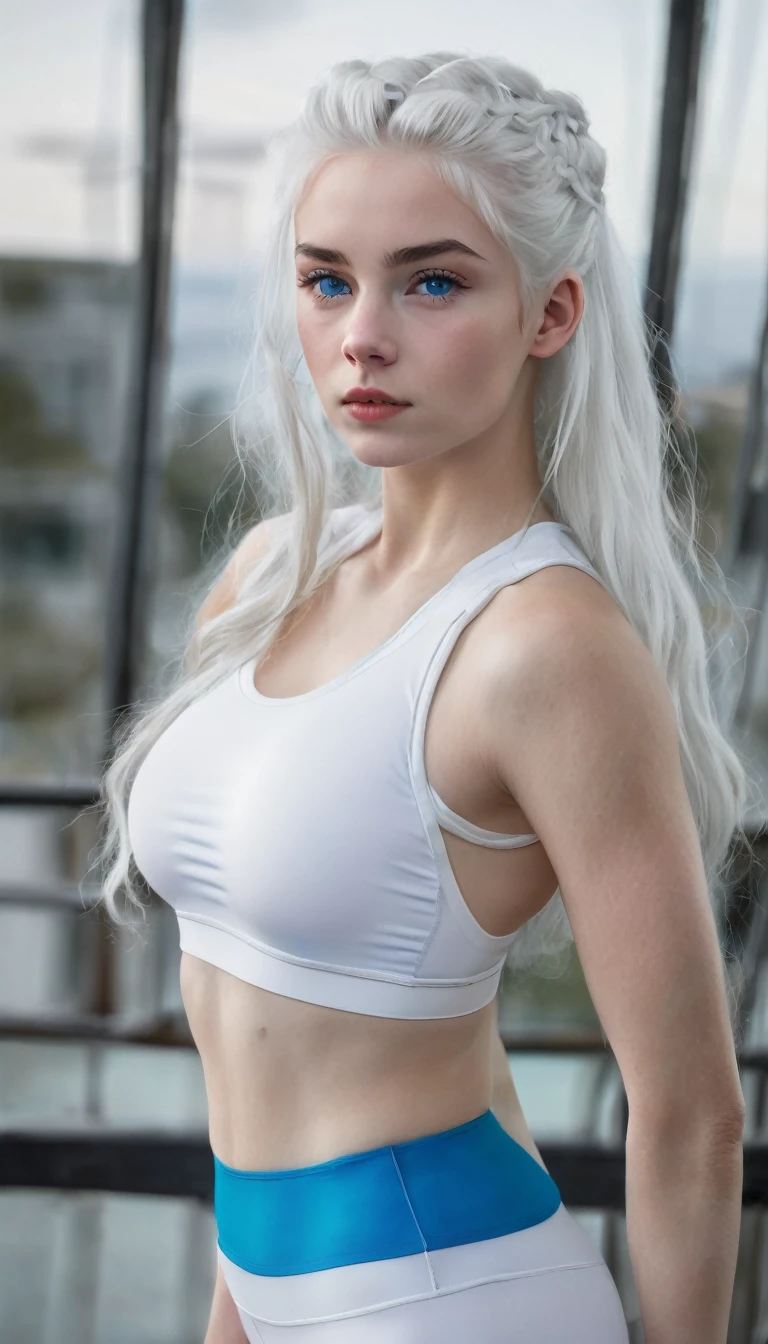 girl with white hair up ,White skin, blue eyes and with lycra and white top full body