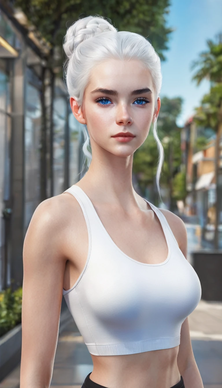 17 year old girl with white hair up ,White skin, blue eyes and with lycra and white top full body