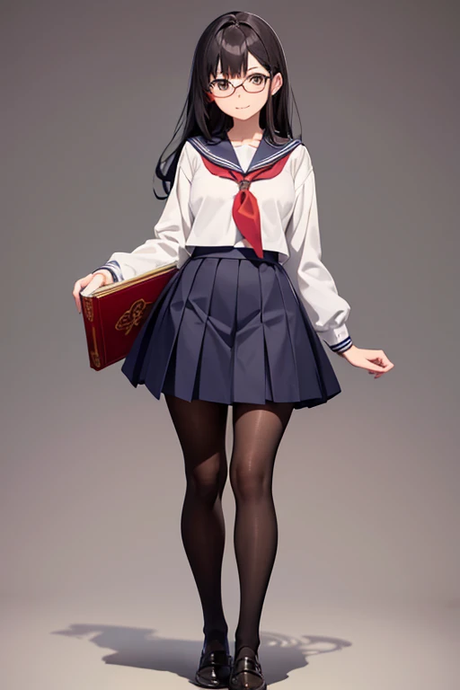 Anime Art、Full body portrait、high 、A well-built woman, about 175 cm tall and about 18 years old, wearing a short-sleeved sailor uniform and a long skirt reaching down to the shins, walking with a book、Smiling、Hairstyle is medium、Black Hair、Glasses、Brown eyes、Flat chest、loafers、Thicker legs、Black Pantyhose