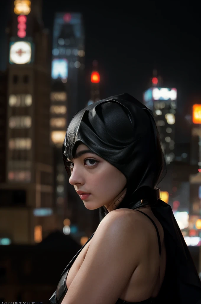 Delete and draw the night view in the background,((masterpiece, Highest quality, High resolution, Realistic, to be born, 8k wallpaper)), (Huge and stunning goddess shot, Very hot and sexy,(( Lady pose)),Menacing posture and sharp gaze,Great beauty, Perfect balance, Beautiful body, Slim body beauty: 1.4), 夜の街のスカイラインを見下ろす屋上に立つBatman, Gotham city background, nighttime in Gotham city, Gotham city, 映画Batmanから, Gotham city double exposure, Gotham city style, Batmanのフィルムスチル, metropolis filmic Gotham city, サイバーパンクBatman, Batman映画の静止画, Batman映画ではスチルシネマティック, Gotham setting, Batman, Gotham,