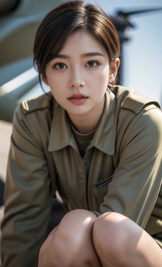 Hyper Reality 8kCG,masterpiece,Best quality,(Photo Realism:1.4),HDR,major,RAW photos,Lens flare,(Film Grain:1.1),((Depth of Field)),,Realistic photos、Realistic skin texture、(A beautiful Korean female soldier),Eyes with spirit,Short hair and smart hair,Wearing sexy military uniform,Military aircraft front,full-body shot,Advanced military helicopter in the background。