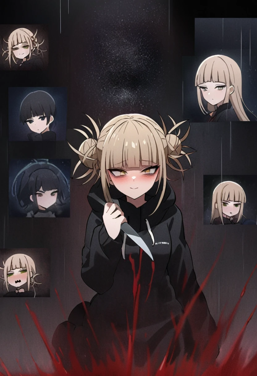 Himiko Toga、Holding a knife、Embarrassed、Rain of blood、Dark Room、Pitch Black Night、Night Sky