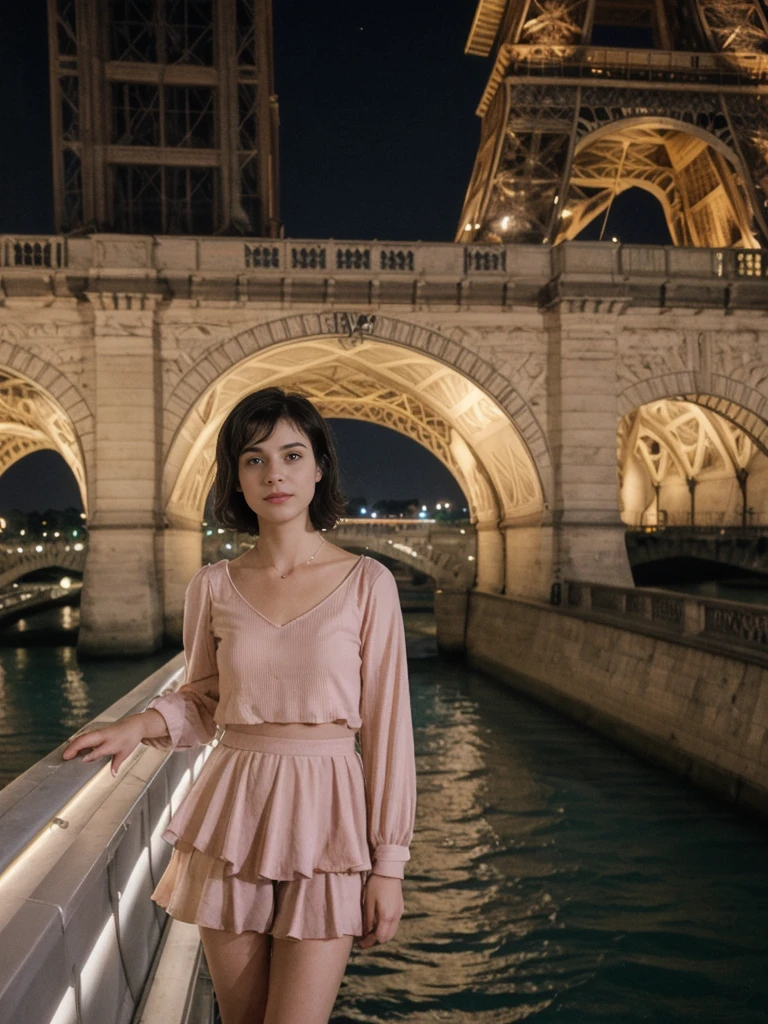 her name is Amelie, high quality, 1girl, ((20-year-old fit Caucasian woman)), ((20 years old)), ((fit)), ((Layered Pixie dark hair)), pose: standing, wearing unique Generation-Z modern wear pastel colored, BACKGROUND:Standing on a bridge over the Seine River, with the Eiffel Tower illuminated against the night sky