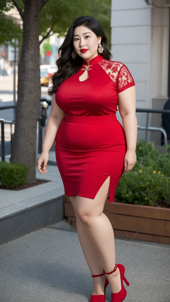 on the street,Fat woman,Very fat,Very fat,Light red clothes (No cleavage),thigh, cosmetic, Outdoor sports, earrings, necklace, High-necked cheongsam, High target Neck Knit Bodycon Skirt,full-body shot,An Asian Japanese woman,18 years old,big eyes,elegant temperament elegant temperament,(masterpiece:1.2, best quality), Practical, (The real situation,20 years old, Intricate details, Depth of Field,High target neck clothes), careful, The content is very detailed, This is a perfect face, Perfect body, Large Model, Mature woman, High target,Black mesh garter stockings,8K,best quality, masterpiece, Ultra-high resolution,(lifelike:1.4), original photo, Stay focused, detailed, dramatic, Exquisite beautiful woman, (tall and straight:1.1),(Fat goddess desetallic high collar,High target collar fitted skirt),half butterfly earrings, double ring necklace, (:1.05), (65 years old, : 1.4),Long curly hair, Dynamic Angle, (Red lips)Beautiful graphics, Pleated Skirt and Fishnet Stockings,High target heel