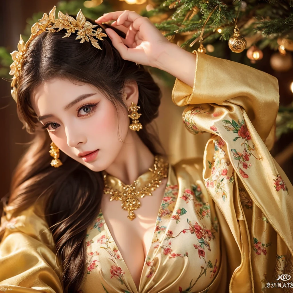 1girl,beautiful detailed eyes,beautiful detailed lips,extremely detailed face,long eyelashes,asian,cute,fantasy,silk clothes,plump breasts,intricate details,floral ornaments,soft lighting,warm colors,elegant,dreamy,photorealistic,8k,high quality,masterpiece