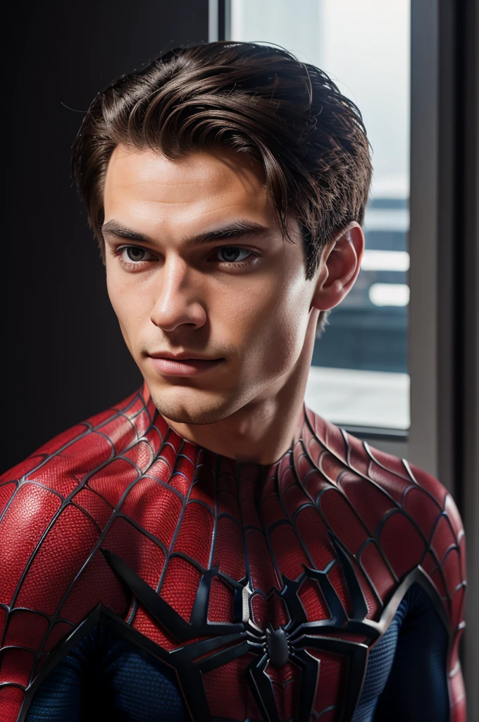 A photograph of spider man, no mask, 20 yo, handsome, detailed face, looking at camera, portrait, 8k uhd, high quality