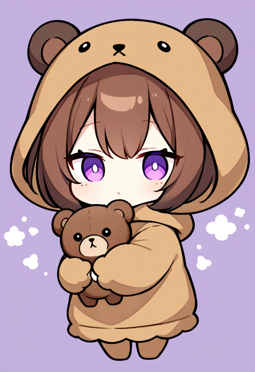 masterpiece, (Highest quality), ((Most detailed)), Brown bear hood、Brown Hair、Wearing a bear hood、whole body、Chibi Character、２Head to Body、Brown bear hoodパーカーを被る、Bear Ears、Purple Eyes、Purple solid background、Illustration icon、Brown long hair、Brown fluffy hoodie、Wave、Bear hooded blanket、whole bodyモコモコの服、Holding a stuffed bear、Wearing a brown hoodie with bear ears