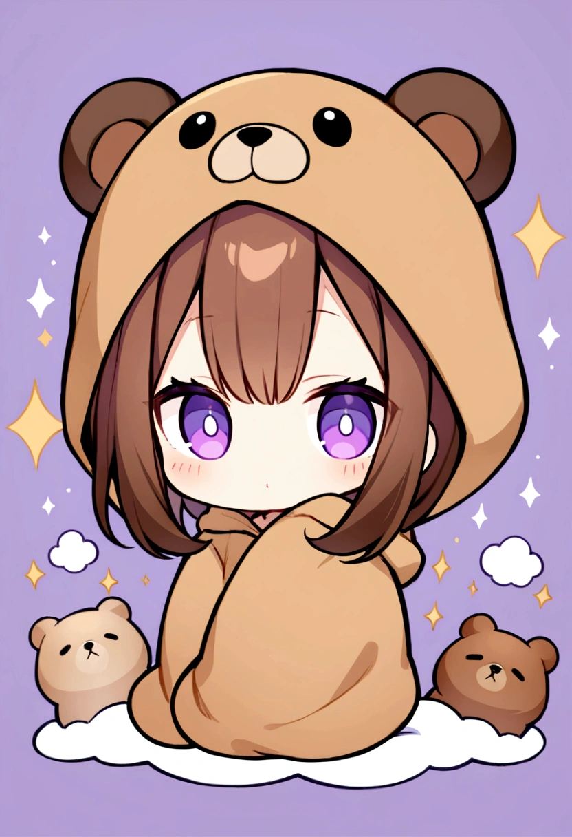 masterpiece, (Highest quality), ((Most detailed)), Brown bear hood、Brown Hair、Wearing a bear hood、whole body、Chibi Character、２Head to Body、Brown bear hoodパーカーを被る、Bear Ears、Purple Eyes、Purple solid background、Illustration icon、Brown long hair、Brown fluffy hoodie、Wave、Bear hooded blanket、whole bodyモコモコの服、Holding a stuffed bear、Wearing a brown hoodie with bear ears