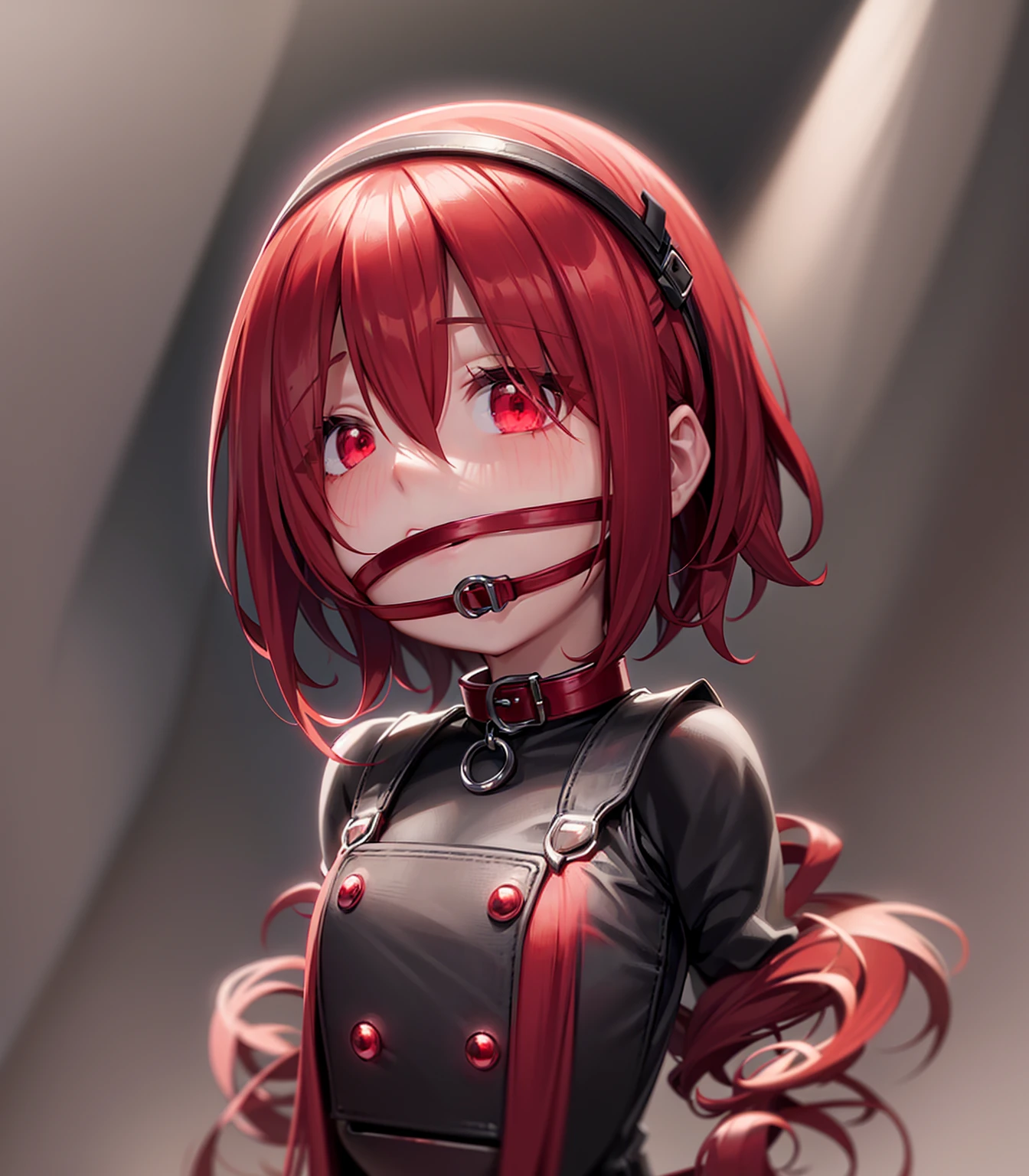 Slave Collar,((red blindfold)),(gag),Cute little ,Tiny ,Small girl,,Childish face, Very fine clean face,Top quality,(Dark Room), Subtle light, Natural light,Soft lighting,Light from directly behind, (Are standing),Front view,Black background