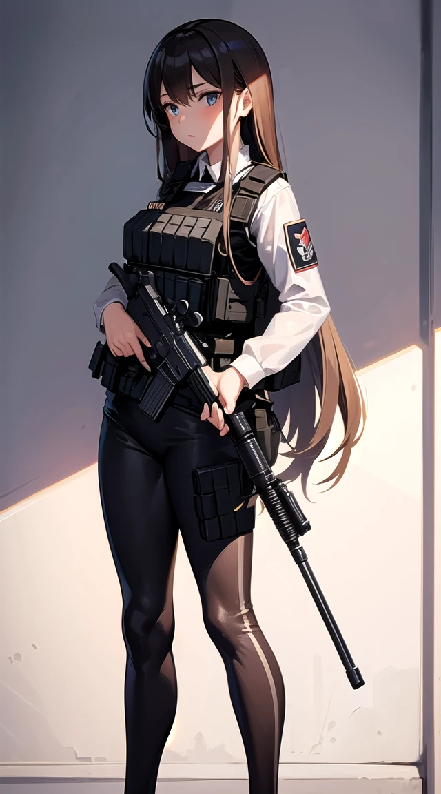 Masterpiece,a girl with Semi-auto rifle,bulletproof vest,tactical,brown leggings,long straight hair,(scared:1.4)