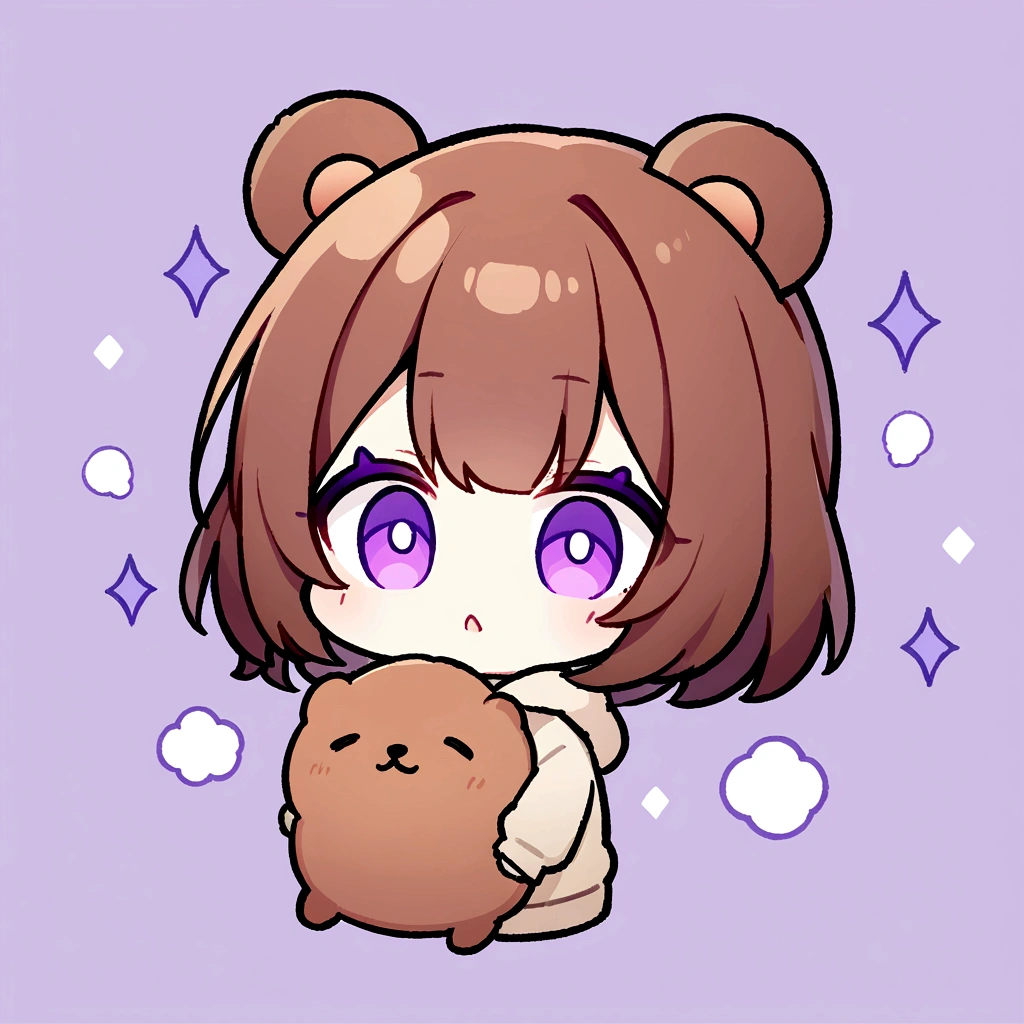 masterpiece, (Highest quality), ((Most detailed)), Bear Food、Brown Hair、Bear Foodを被る、whole body、Chibi Character、２Head to Body、茶色のBear Foodパーカーを被る、Bear Ears、Purple Eyes、Purple solid background、Illustration icon、Brown long hair、Fluffy hoodie、Wave、Bear Food付きブランケット、whole bodyモコモコの服、Holding a stuffed bear、Wearing a brown hoodie with bear ears