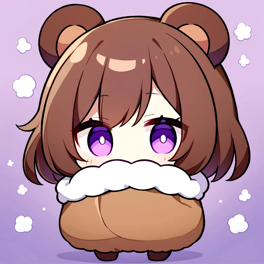 masterpiece, (Highest quality), ((Most detailed)), Bear Food、Brown Hair、Bear Foodを被る、whole body、Chibi Character、２Head to Body、茶色のBear Foodパーカーを被る、Bear Ears、Purple Eyes、Purple solid background、Illustration icon、Brown long hair、Fluffy hoodie、Wave、Bear Food付きブランケット、whole bodyモコモコの服、Holding a stuffed bear、Wearing a brown hoodie with bear ears