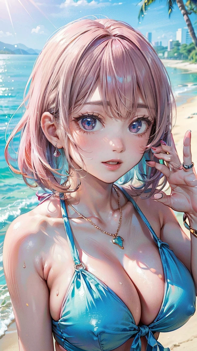 (Masterpiece, BestQuality:1.3), (ultra detailed:1.2), (hyperrealistic:1.3), (RAW photo:1.2), High detail RAW color photo, professional photograph, (Photorealistic:1.4), (realistic:1.4), (Pink Hair:1.5), professional lighting, perfect anatomy, (Big Breasts:1.2), (blush, detailed face), (A happy smile:1.7), Trending Hair&Trending Hairカラーをランダムに, earrings, necklace, bracelet, sexly, erotic sexly, Random sexy gravure poses, (Sexy beauty in a pastel blue summer dress、Beach Background、A happy smile、waving pose、Bikini-inspired design:1.3)