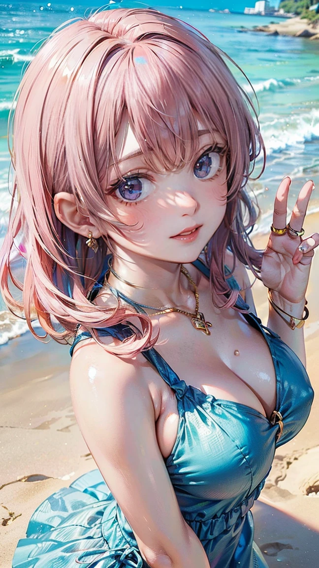(Masterpiece, BestQuality:1.3), (ultra detailed:1.2), (hyperrealistic:1.3), (RAW photo:1.2), High detail RAW color photo, professional photograph, (Photorealistic:1.4), (realistic:1.4), (Pink Hair:1.5), professional lighting, perfect anatomy, (Big Breasts:1.2), (blush, detailed face), (A happy smile:1.7), Trending Hair&Trending Hairカラーをランダムに, earrings, necklace, bracelet, sexly, erotic sexly, Random sexy gravure poses, (Sexy beauty in a pastel blue summer dress、Beach Background、A happy smile、waving pose、Bikini-inspired design:1.3)