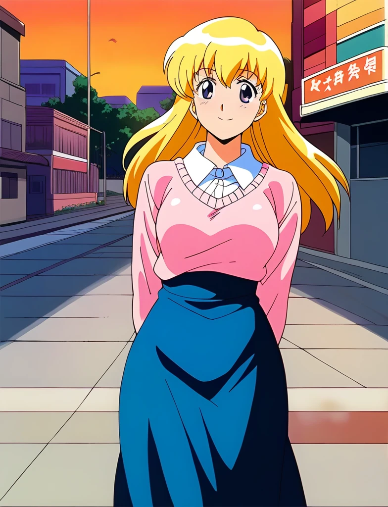 kyoko,score_9,score_8_up,score_7_up,source_anime,1girl,solo,looking at viewer,city,streetscapes in the 1980 s,asphalt pavement,pavement,lamppost,power_lines,orange sky,dusk,pink sweater,white collared shirt,long_skirt,blue skirt,cowboy_shot,front view,standing,smile,:d,arms_behind_back,襲われる、パンティ、