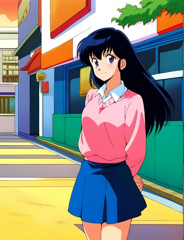 kyoko,score_9,score_8_up,score_7_up,source_anime,1girl,solo,looking at viewer,city,streetscapes in the 1980 s,asphalt pavement,pavement,lamppost,power_lines,orange sky,dusk,pink sweater,white collared shirt,long_skirt,blue skirt,cowboy_shot,front view,standing,smile,:d,arms_behind_back,襲われる、パンティ、