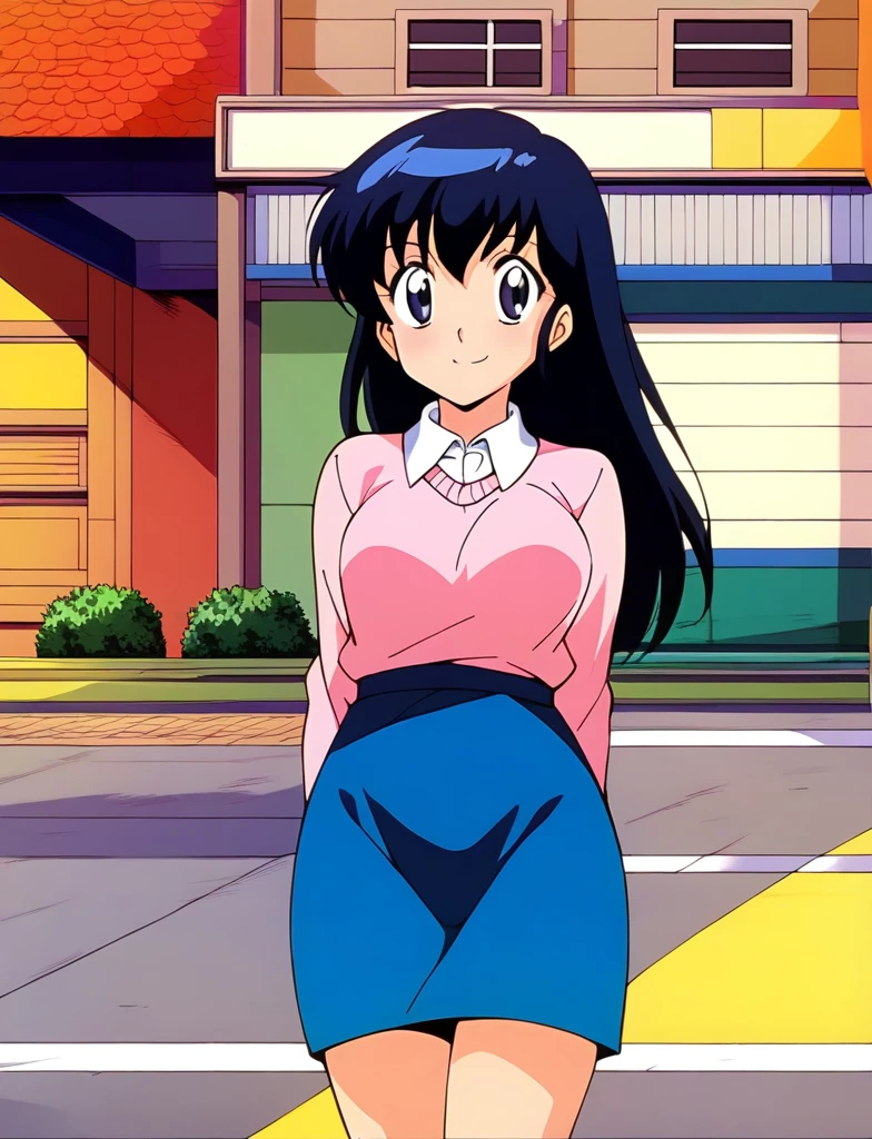 kyoko,score_9,score_8_up,score_7_up,source_anime,1girl,solo,looking at viewer,city,streetscapes in the 1980 s,asphalt pavement,pavement,lamppost,power_lines,orange sky,dusk,pink sweater,white collared shirt,long_skirt,blue skirt,cowboy_shot,front view,standing,smile,:d,arms_behind_back,襲われる、パンティ、