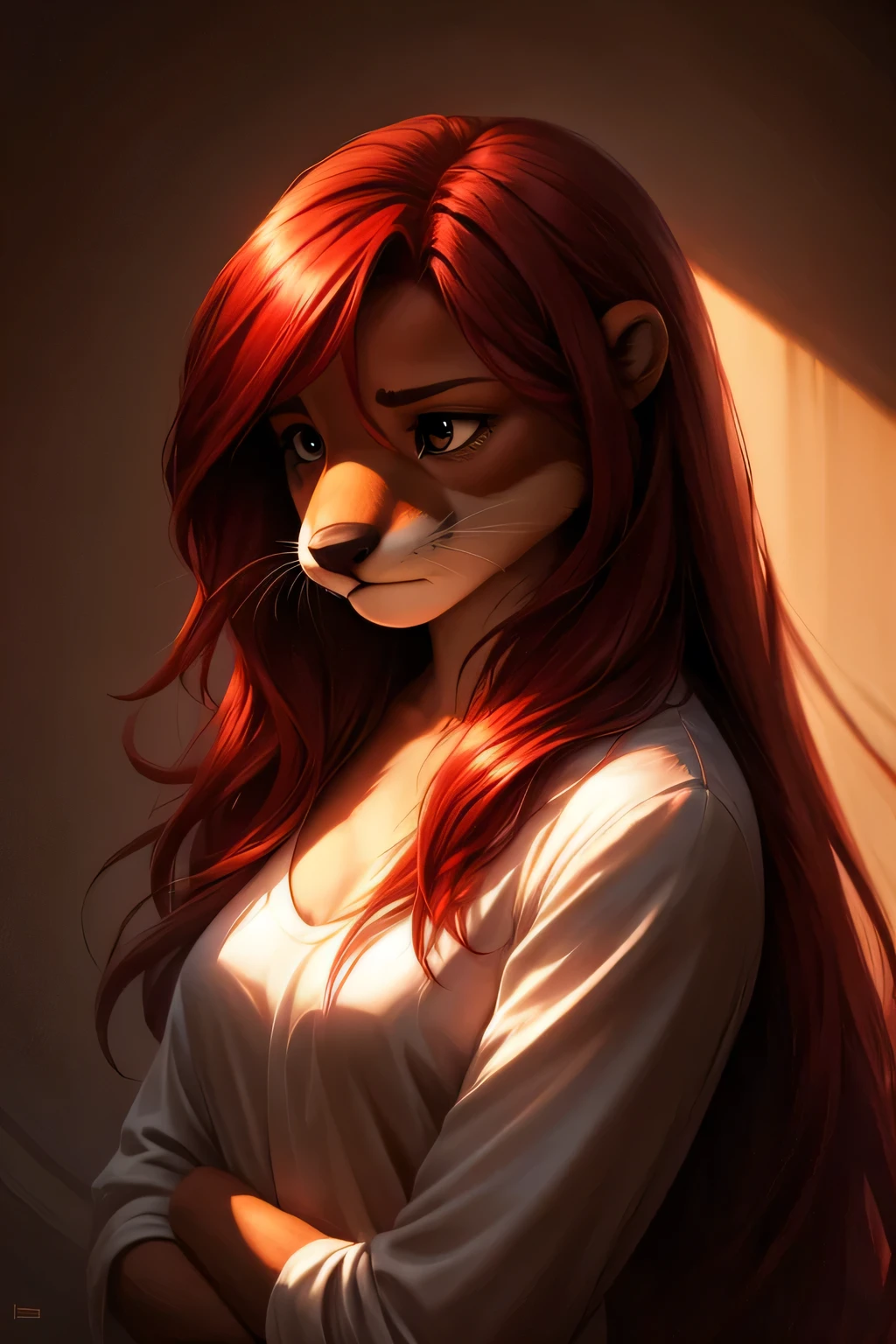 Furry, otter, female, sad, ((long hair)), ((red Hair)), detailed light, detailed Shadows, 