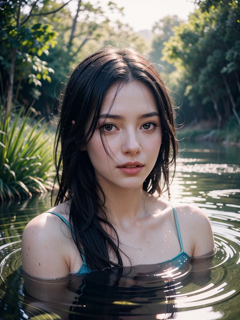 close up portrait of a cute woman (gldot) bathing in a river, reeds, (backlighting), realistic, masterpiece, highest quality, lens flare, shade, bloom, [[chromatic aberration]], by Jeremy Lipking, by Antonio J. Manzanedo, digital painting,